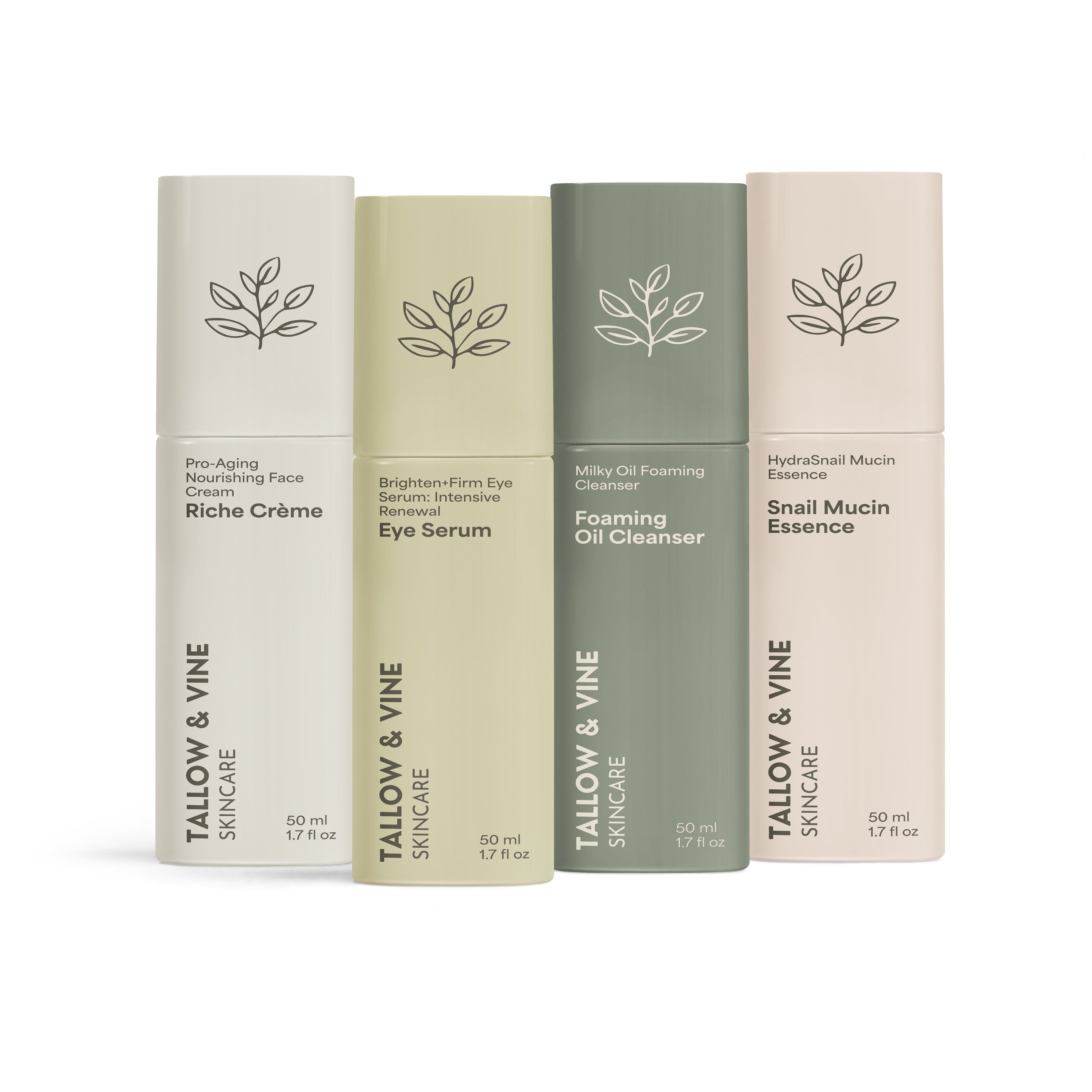 Four Tallow & Vine skincare product boxes on a white background