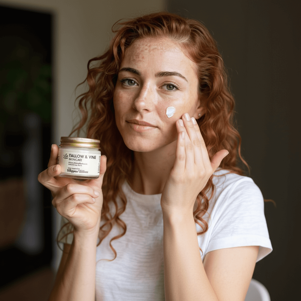 Woman applying cream to her face with a jar of Tallow 