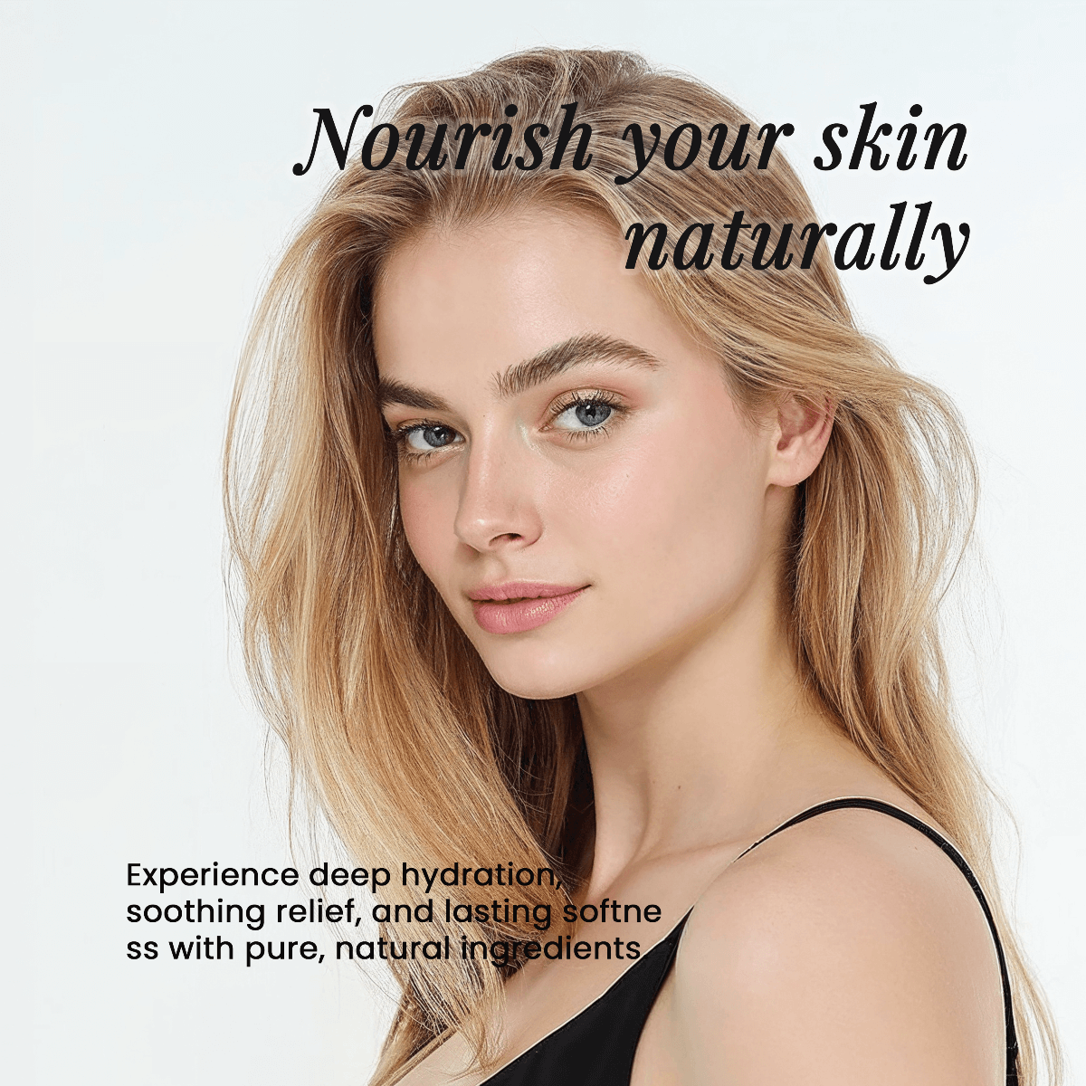 Woman with blonde hair and a black top, smiling with beautiful skin