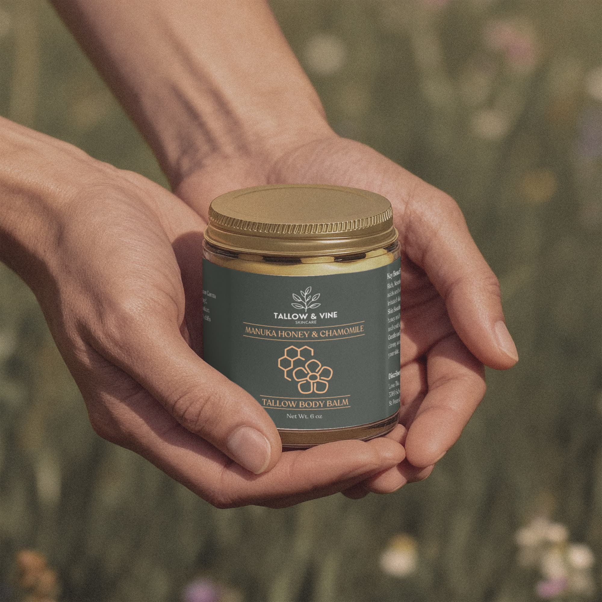 2 hands holding Honey Manuka Tallow jar in meadow
