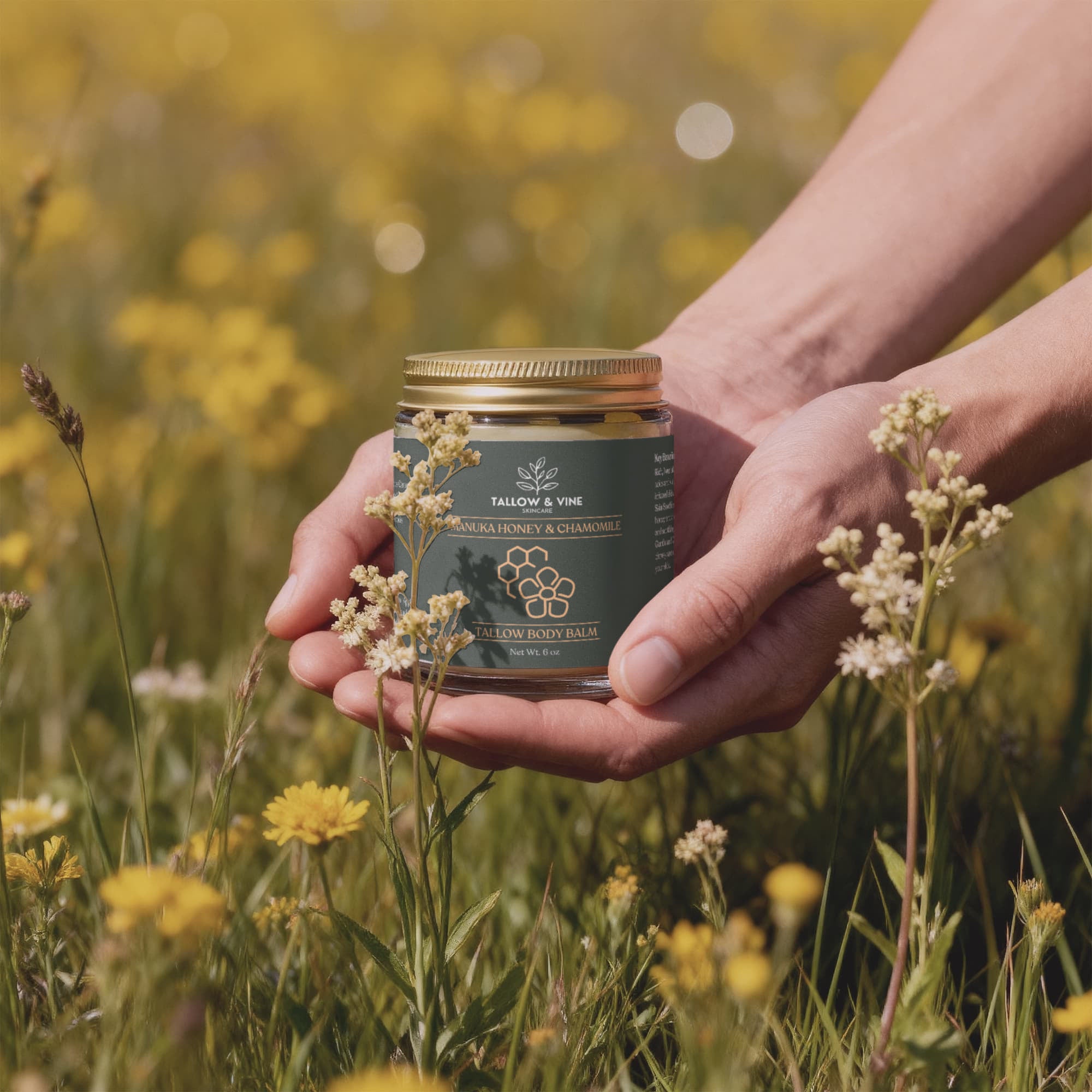 Woman holding Honey Manuka Tallow jar in flower meadow