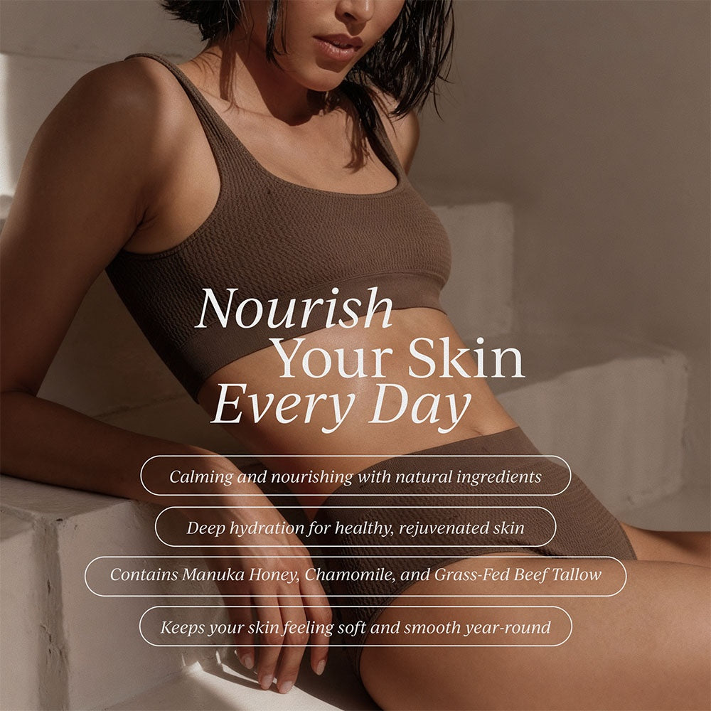 woman in underwear and clear skin with info about Honey Manuka Tallow 