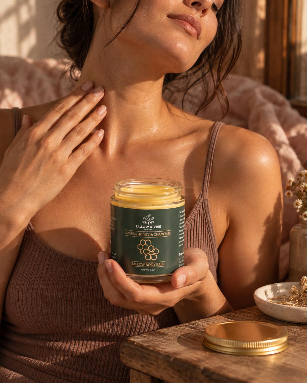 Woman smoothing soothing Manuka Honey & Chamomile Tallow Body Balm onto skin