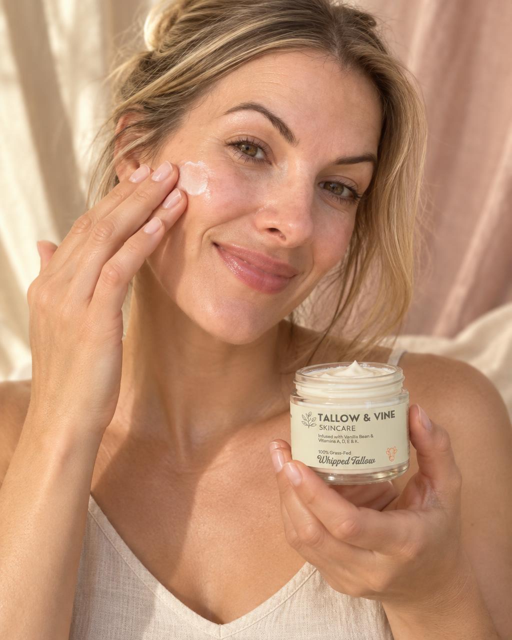 Woman with dewy, hydrated bare skin applying Whipped Vanilla Bean Tallow Balm