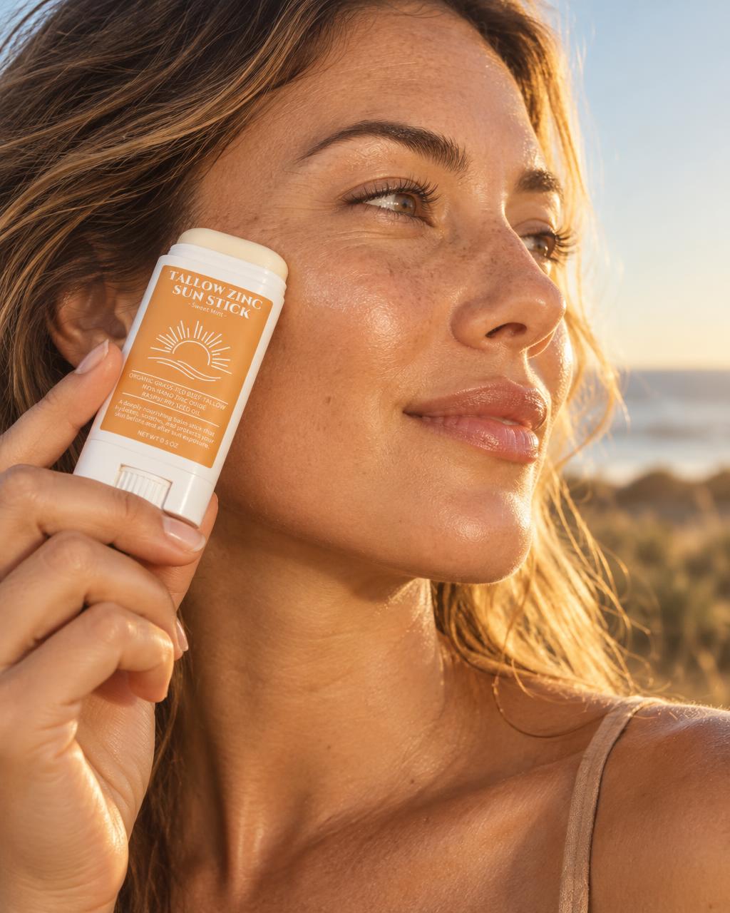 Woman applying Tallow & Zinc Sun Stick in warm golden hour sunlight