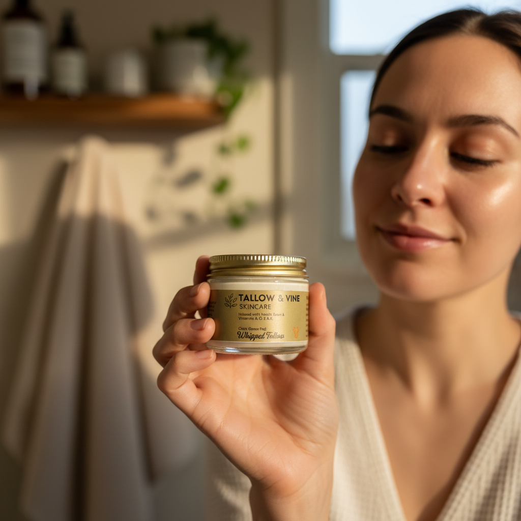 Woman holding a jar of Tallow & Vine skincare product in a warm, indoor setting.