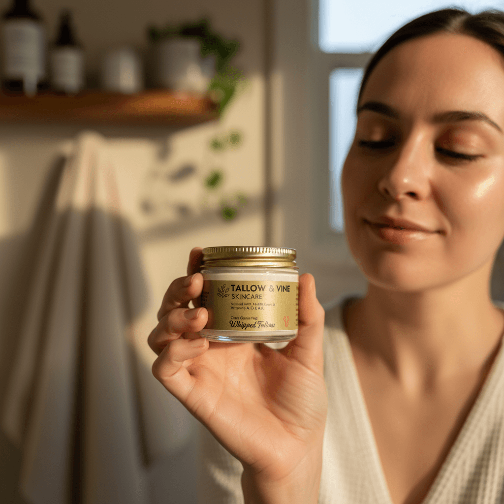 Woman holding a jar of Tallow & Vine's Whipped Tallow 