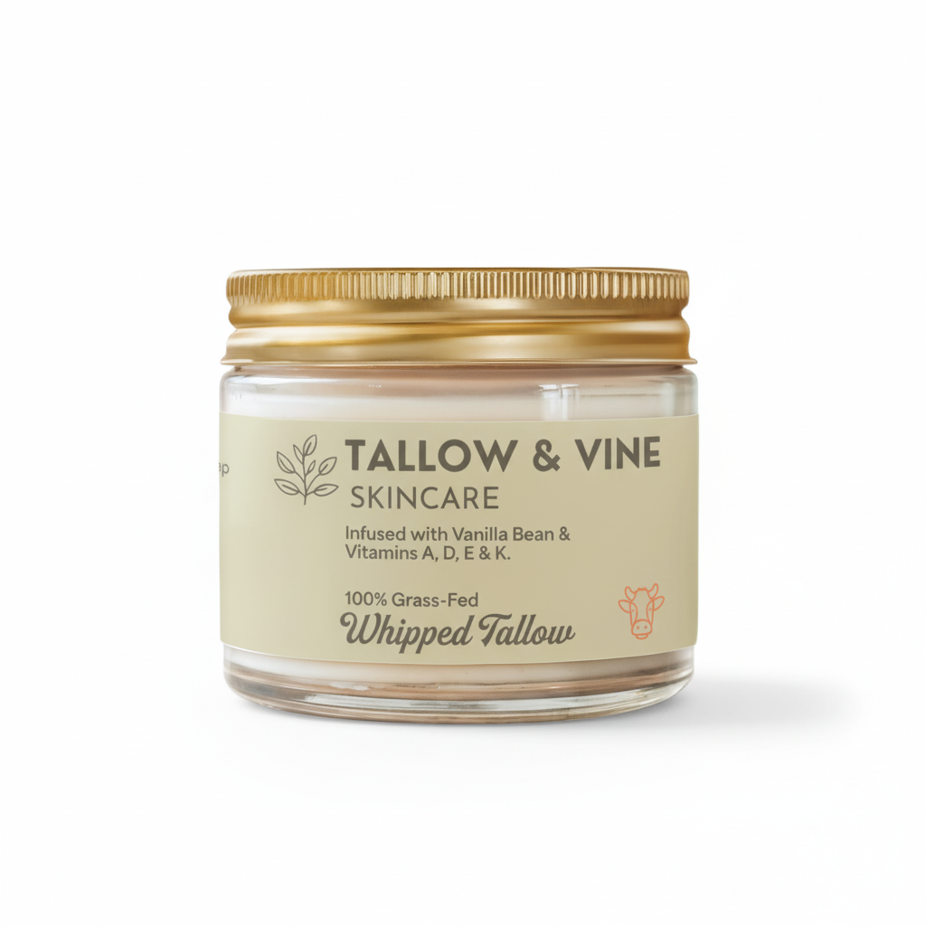 100% Grass-Fed Whipped Vanilla Bean Tallow Balm jar studio shot with gold lid